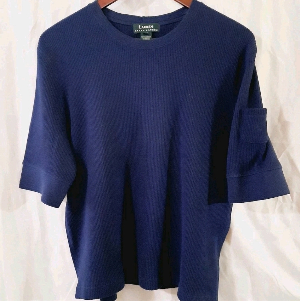 Lauren Ralph Lauren Womens XL Waffle Knit Left Sleeve Pocket Shortsleeve Sweater